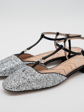 size 40G 10 US Gucci Glitter Slingback GG T-Strap Flats Silver